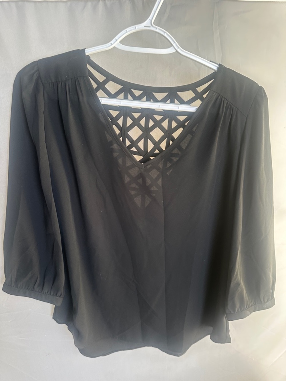 Iz Byer Black V-Neck Blouse with Lattice Back Detail